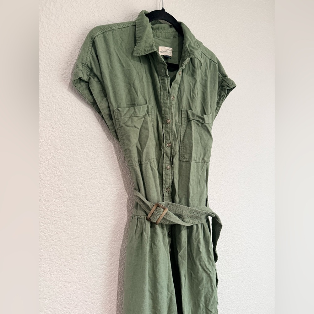 Short Sleeve Belted Midi Shirtdress - Olive Green M - Picture 2 of 6